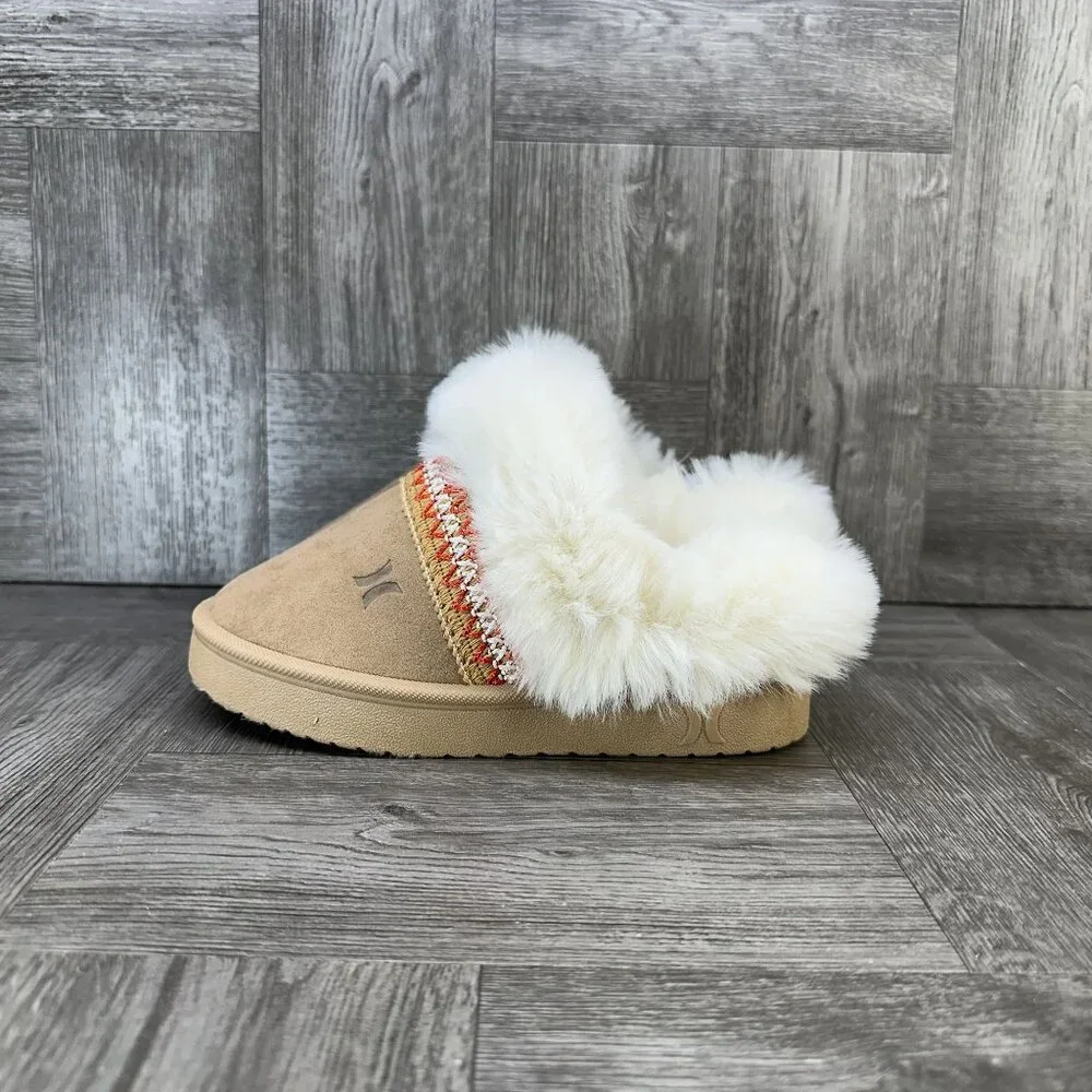 Hurley Kimmie-T Slippers Kids Size 9 Tan Faux Fur Cozy Moccasin NEW